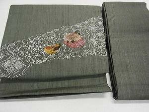 平和屋2◎中国三大刺繍　相良刺繍　つけ帯　刺し子　紬地　吉祥文様　逸品　DAAD4581sa