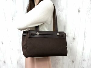 極美品 HERMES エルメス エールバッグ カバ トートバッグ ショルダーバッグ トワルオフィシエ×レザー 茶 77485