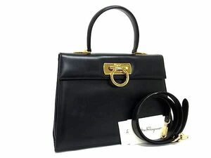 1円 ■美品■ Salvatore Ferragamo フェラガモ DD21 2181 ガンチーニ レザー 2WAY ハンドバッグ ショルダー ブラック系 FB5076