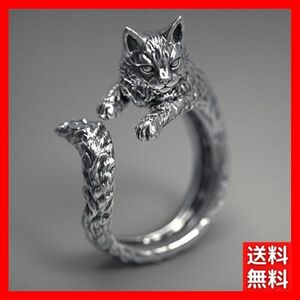 オープンリング 指輪 シルバー ネコ 猫 可愛い しっぽ レディース 韓国 レトロ 調整可能 ピンキー フォーク ファランジ オープン #C917-3