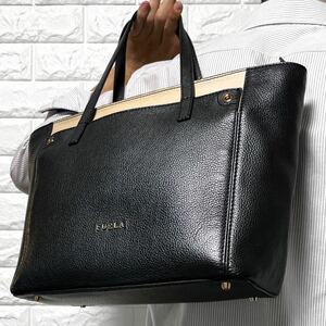 希少/A4収納◎ フルラ FURLA メンズ トートバッグ ビジネス 肩掛け ロゴ金具 バイカラー シボ革 レザー 黒 ブラック ベージュ