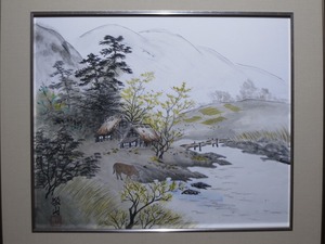 敬山筆『山水図』額装〔紙本肉筆真作〕/ 額絵 日本画 山水画