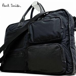 未使用級●Paul Smith ポールスミス 2way ビジネスバッグ ブリーフケース ショルダー 大容量 A4可 ナイロン レザー 本革 ロゴ ブラック 黒