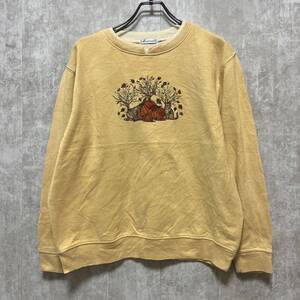 刺繍スウェット　トレーナー　クルーネック　猫　かぼちゃ　レトロデザイン　古着　レディース　L