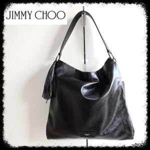 ● Jimmy Choo ショルダーバッグ ハンド SOFT HOBO VINTAGE LEATHER 黒 新品 ホーボー タッセル ロゴ 軽量 ジミーチュウ 革 イタリア製 A4