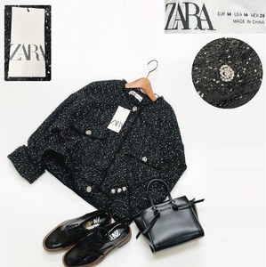 未使用品 /M/ ZARA ブラック 長袖ノーカラージャケット レディース タグカジュアルラインストーンボタンフォーマル大人可愛いデイリー ザラ