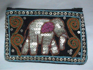 タイ・ミャンマー国境 山岳民族の手作り財布（ブルー）ゾウ　小銭入れ　ぞう　化粧品ポーチ　送料￥120