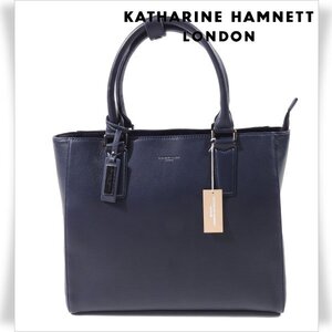 新品1円～★定価2.6万 KATHARINE HAMNETT LONDON キャサリン ハムネット ロンドン 牛革 本革レザー トートバッグ ネイビービジネス◆4697◆