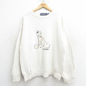 XL/古着 長袖 セーター メンズ 90s ゴルフ 刺繍 手織り 大きいサイズ コットン 白 ホワイト 24oct01 中古 ニット トップス