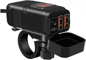 SHEAWA バイク USB電源 USB充電器 QC3.0 USB2ポート 電圧計 防水カバー 電源ON/OFFスイッチ Quick Charge 3.0 ハンドルに取り付け可能