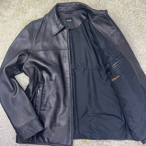 1円 希少XXL ヒューゴボス HUGO BOSS ライダース ジャケット ブルゾン ラムレザー 羊革 黒 ブラック メンズ 52 大谷翔平 ロゴプレート