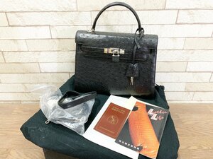 美品 HIGH CLASS ハイクラス JRA ハンドバッグ オーストリッチ レザー シルバー金具 ブラック ケリー型 日本製 ダチョウ 南京錠 本革