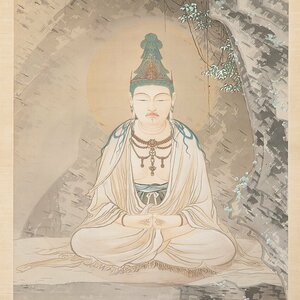 【五】大幅 仏画 『菩薩座像』 絹本 彩色 在款 掛軸