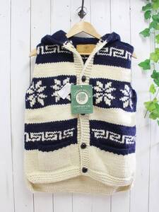 新品◆CANADIAN SWEATER カナディアンセーター◆カウチンセーター 雪柄 フード付き ニットベスト 34 定価48,000円*