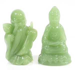 落ち着いた翠色が美しい！中国美術 中国翡翠 ネフライト 仏像 寿仙 置物 仏像 236g 寿仙 342g 1980年代 KEK512