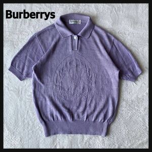 【超希少】90s Burberrys バーバリー 麻絹 リネン シルク 半袖 ニット ポロシャツ エンブレム