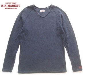 美品日本製!!ハリウッドランチマーケット H.R.MARKET ハリラン*Hロゴ刺繍 長袖ストレッチフライスTシャツ 2 M 紺 ネイビー