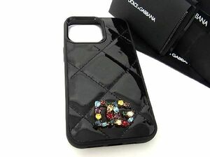 ■新品同様■ DOLCE＆GABBANA ドルチェ&ガッバーナ パテントレザー ラインストーン iPhone 13 対応 アイフォンケース ブラック系 BE5333