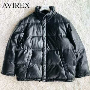 美品 AVIREX【極上の艶感】アヴィレックス ラムレザーダウンジャケット 高級羊革 肉厚 防寒 ブラック L 大きいサイズ