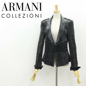 美品◆ARMANI COLLEZIONI アルマーニ コレッツォーニ ストレッチ 総柄 テープ使い ベロア ショールカラー ジャケット ブラック×グレー 42