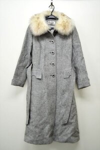 KM619●中古品●WEINBERG　ウール混 ファー付きロングコート　グレー　フランス製