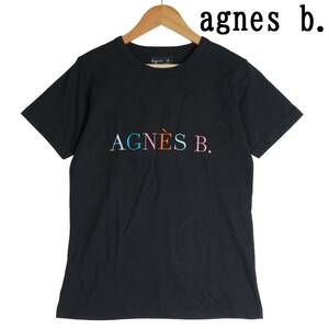 ◆美品 送料無料◆ agnes b. アニエスベー カラフル ロゴ 刺繍 半袖 Tシャツ カットソー 黒 ブラック レディース 1 S　1044G