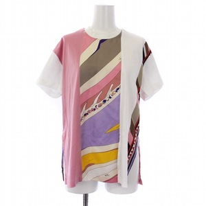 エミリオプッチ EMILIO PUCCI プッチ柄 Tシャツ カットソー 半袖 スリット 変形 XS 白 ホワイト ピンク /KH レディース