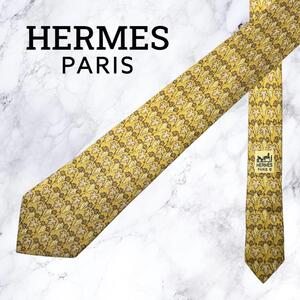 【極美品・送料無料】HERMES エルメス ネクタイ フランス製 リーフ柄 イエロー シルク