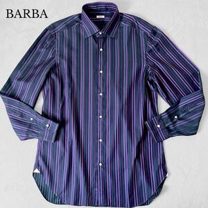 １円〜未使用級 バルバ【色気際立つ艶】43/XL ストライプ コットン 長袖 メンズ ドレスシャツ パープル BARBA 