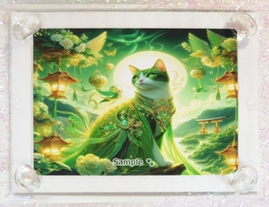 【2L】ネコ日本帝国 86 神社と緑猫 絵画イラストオリジナル原画 Cat Empire Shrine green cat painting original art