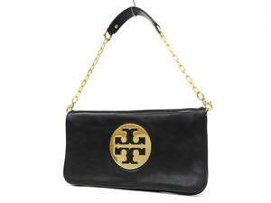 23815 美品 TORY BURCH トリーバーチ TT BIGサークルロゴ ゴールド金具 レザー 2WAY チェーン セミ ショルダーバッグ クラッチバッグ 鞄 黒