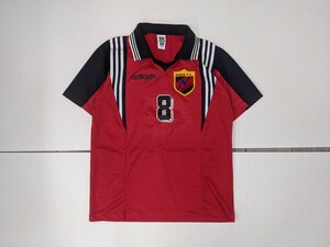 12．アディダス 90s デサント製 日本製 ヴィンテージ ロゴ 襟付き サッカー ユニフォーム ゲーム シャツ メンズML 赤黒906