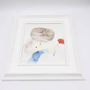 保管品 いわさきちひろ 母の日 絵画 額縁付 水彩画 児童画 色紙 絵 額入 カーネーション 女の子 壁掛け インテリア アンティーク アート