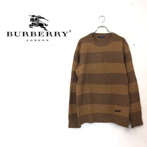 1I2920-G◆ BURBERRY バーバリー ボーダーニット セーター クルーネック 革パッチ ゆる編み 軽量 ◆ sizeL ブラウン 羊毛 カシミヤ