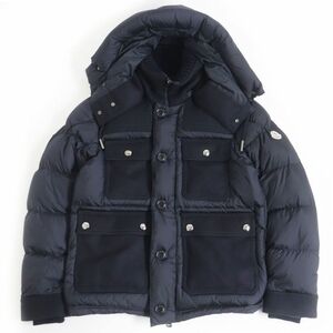 美品□17-18AW MONCLER/モンクレール RILLIEUX ウール カシミヤ混 切替デザイン フーデッド WZIP ダウンジャケット ネイビー 1 正規品