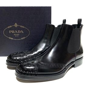 ☆未使用 PRADA プラダ ウイングチップ スタッズ レザー サイドゴアブーツ 黒 size 7.5 イタリア製 革靴 ショートブーツ チェルシーブーツ