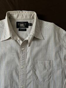 【傑作】極美品 RRL STRIPE WORK SHIRT ダブルアールエル 総柄 ベージュ ストライプ ワーク シャツ ラルフローレン XS〜S S相当