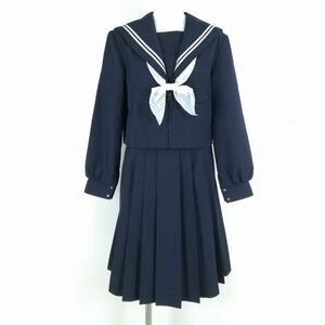 1円 セーラー服 スカート スカーフ 上下3点セット 冬物 白2本線 女子 学生服 中学 高校 紺 制服 中古 ランクC NA8429