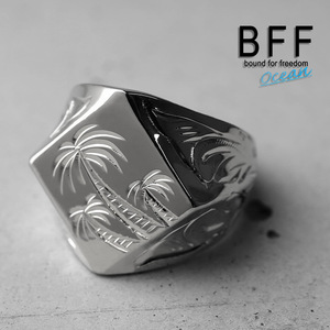 BFF ブランド パームツリー 印台リング ラージ ごつめ シルバー 18K 銀色 菱形 手彫り 専用BOX付属 (21号)