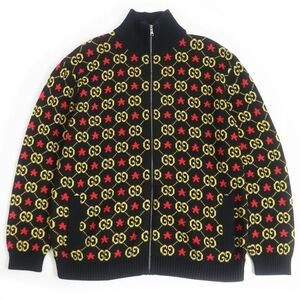 美品□20AW GUCCI/グッチ 576796 GGパターン/スター総柄 ZIPUP ジャガード ニットブルゾンジャケット/ドライバーズニット 黒系 S 正規品