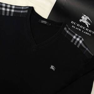 美品 名作 BURBERRY BLACK LABEL バーバリーブラックレーベル 長袖VネックTシャツ ロンT 肩ノバチェック ホース刺繍 黒 3(L) #2924