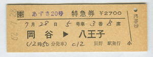 JR東日本　区間常備　「あずさ20号」　特急券　岡谷→八王子　昭和62年　ホチキス跡