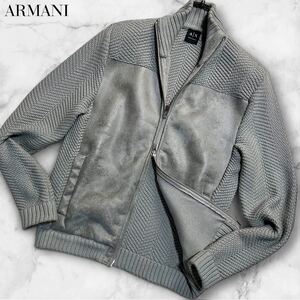 L相当●アルマーニ エクスチェンジ ドライバーズニット 切替 ボア フェイク ムートン風 ジャケット ARMANI EXCHANGE エルボーパッチ ロゴ