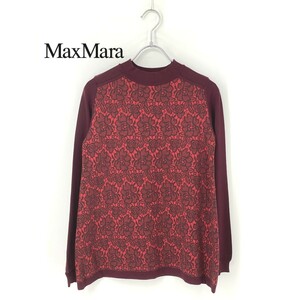 B0021/極美品 Max Mara WEEKEND マックスマーラ ウール 花柄 総柄 ハイネック 長袖 ニット リブ セーター S 赤 レディース カーディガン