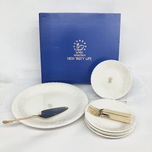 美品◆YAMAKA ヤマカ WHITE MARCHEN ケーキ皿セット◆箱付 大皿1枚 小皿5 サーバー1 フォーク5 ホワイト 陶器 スワン 洋食器