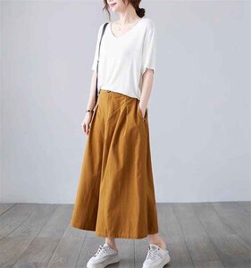 ワイドパンツ 九分パンツ キュロット ゆったり きれいめ シンプル レディース 無地 2XL マスタード