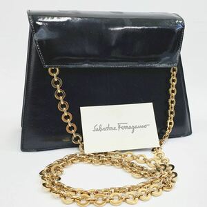 Salvatore Ferragamo フェラガモ L21 3143 レザー パテントレザー ゴールド金具 チェーン ショルダーバッグ 黒 ブラック 