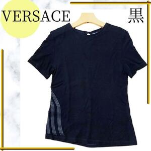 versace ヴェルサーチ レディース 半袖 tシャツ S M 黒 シルバー ラメライン ロゴ シンプル 春 メンズ デニム スカート シャツ と合わせて