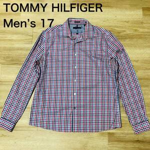 【送料無料】TOMMY HILFIGER長袖シャツ 青赤白チェック柄　メンズ17サイズ　トミーヒルフィガー