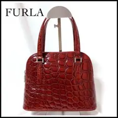 【美品】FURLA バッグ　レッド　クロコ　レザー ボルドー ミニバッグ